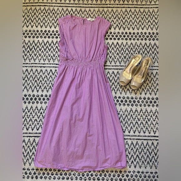 LOFT Dresses & Skirts - LOFT Lavender Stripe Smocked-Waist Midi Dress
